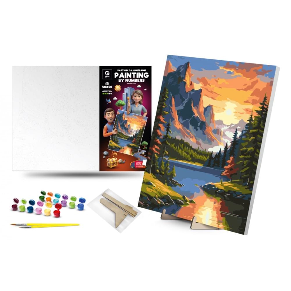 Набір для розпису по номерах Qbee "Світанок у горах" з дерев'яною підставкою 40х50см QB900-048