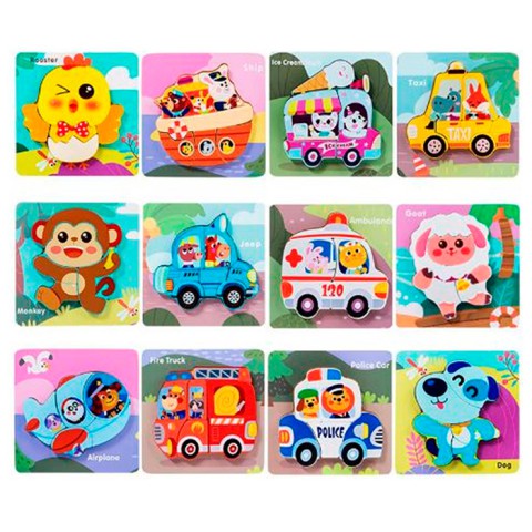 Дерев’яна іграшка Пазли, 12 деталей (транспорт, тварини), 15x15x1.5 см (В асортименті)