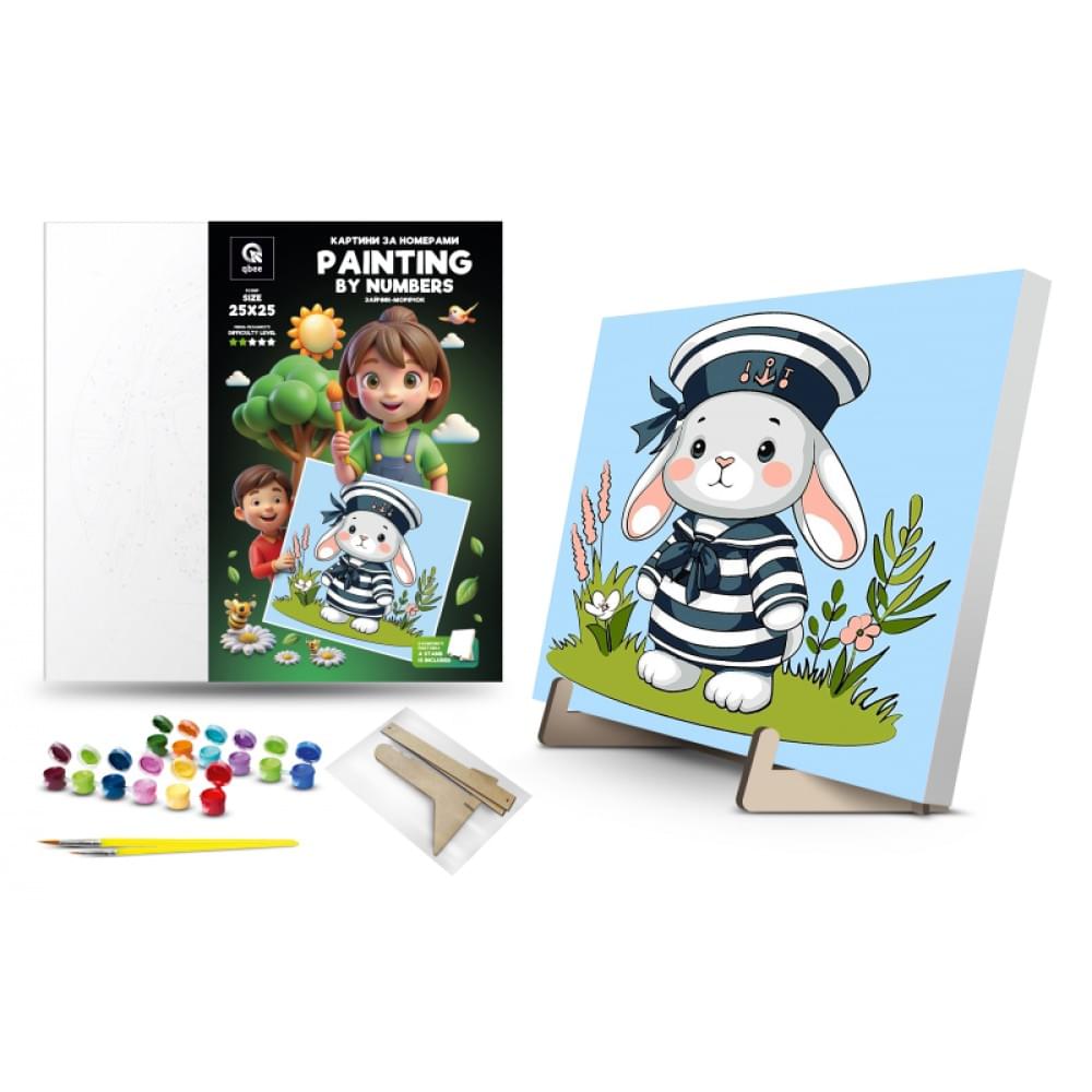Набір для розпису по номерах Qbee "Зайчик-морячок" з дерев'яною підставкою 25х25см QB900-010