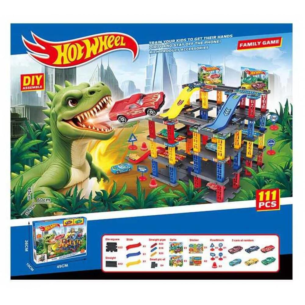 Трек 111 елементів, довжина 60см, 3 металопластикові машинки, 4 парковки, дорожні знаки, в кор. /24/