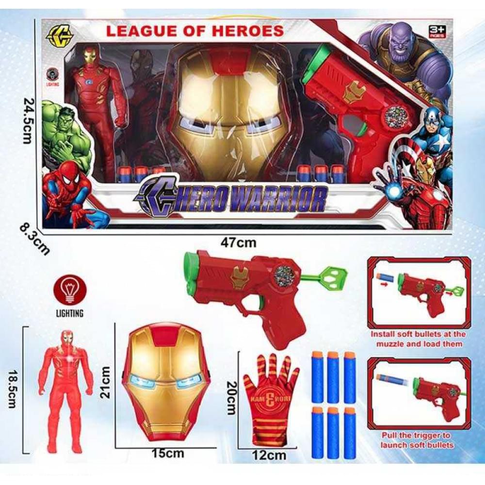 Набір героя маска з підсвічуванням, механічний пістолет, рукавиця, 6 м’яких патронів, фігурка підсвічується, висота героя 18 см, в кор. /30-2/