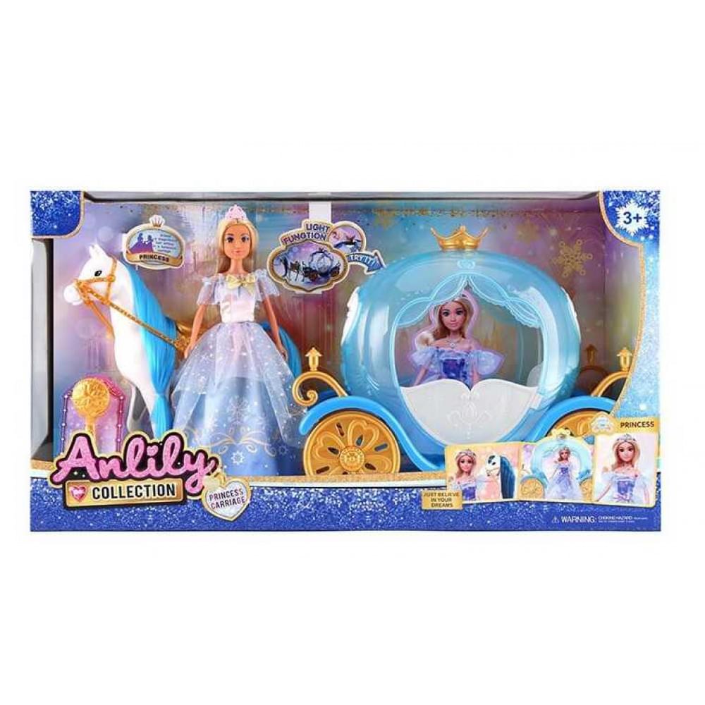 Лялька з каретою підсвічування, висота ляльки 30 см, шарнірні кінцівки, намисто, корона, кінь із сідлом, карета, дверцята відчиняються, в кор. /6/