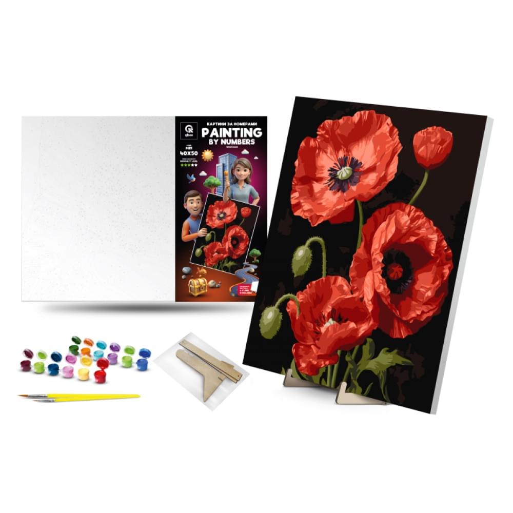 Набір для розпису по номерах Qbee "Чарівні маки" з дерев'яною підставкою 40х50см QB900-028