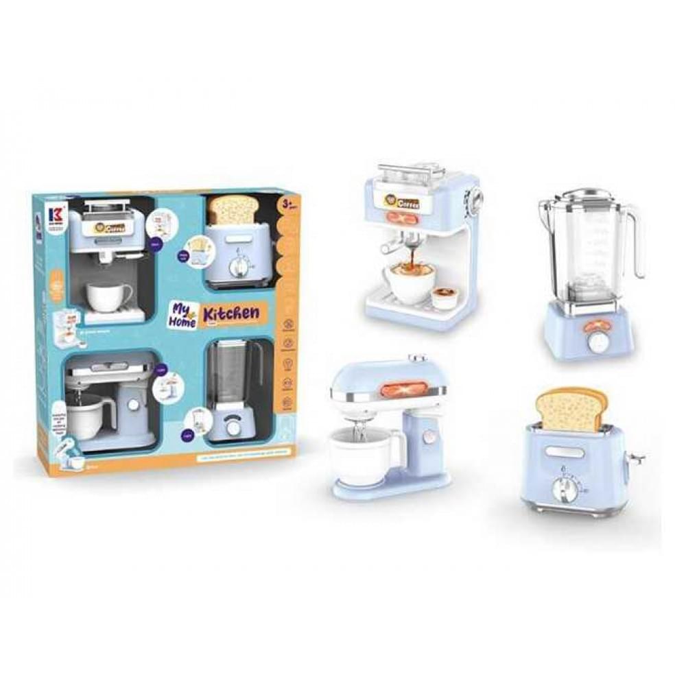 Набір побутової техніки звуки, підсвічування, міксер, кавоварка, тостер, блендер, чашка, муляжі шматків хліба, в кор. /12/