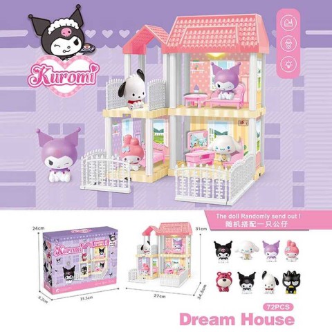 Будиночок аніме Kuromi, 1 герой, 72 елементи, підсвічування, висота 31 см, два поверхи, ліжко, стіл, парканчик