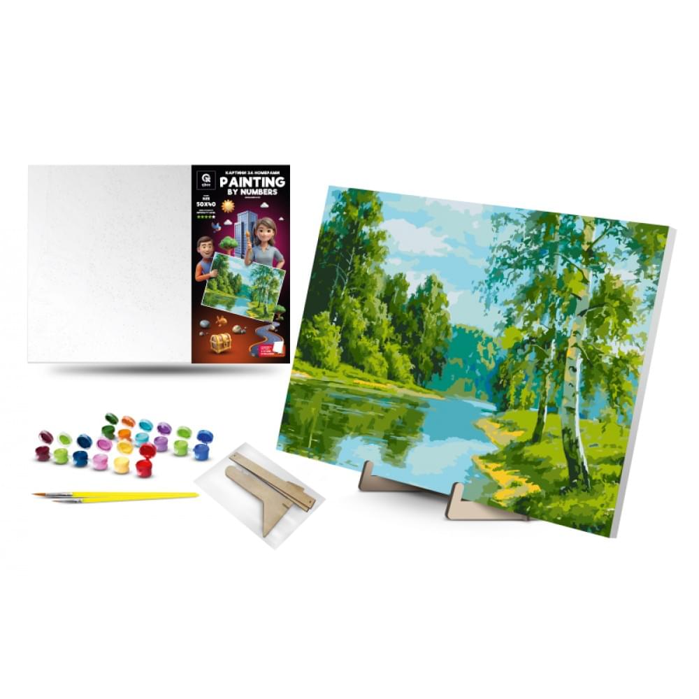 Набір для розпису по номерах Qbee "Березовий край" з дерев'яною підставкою 40х50см QB900-051