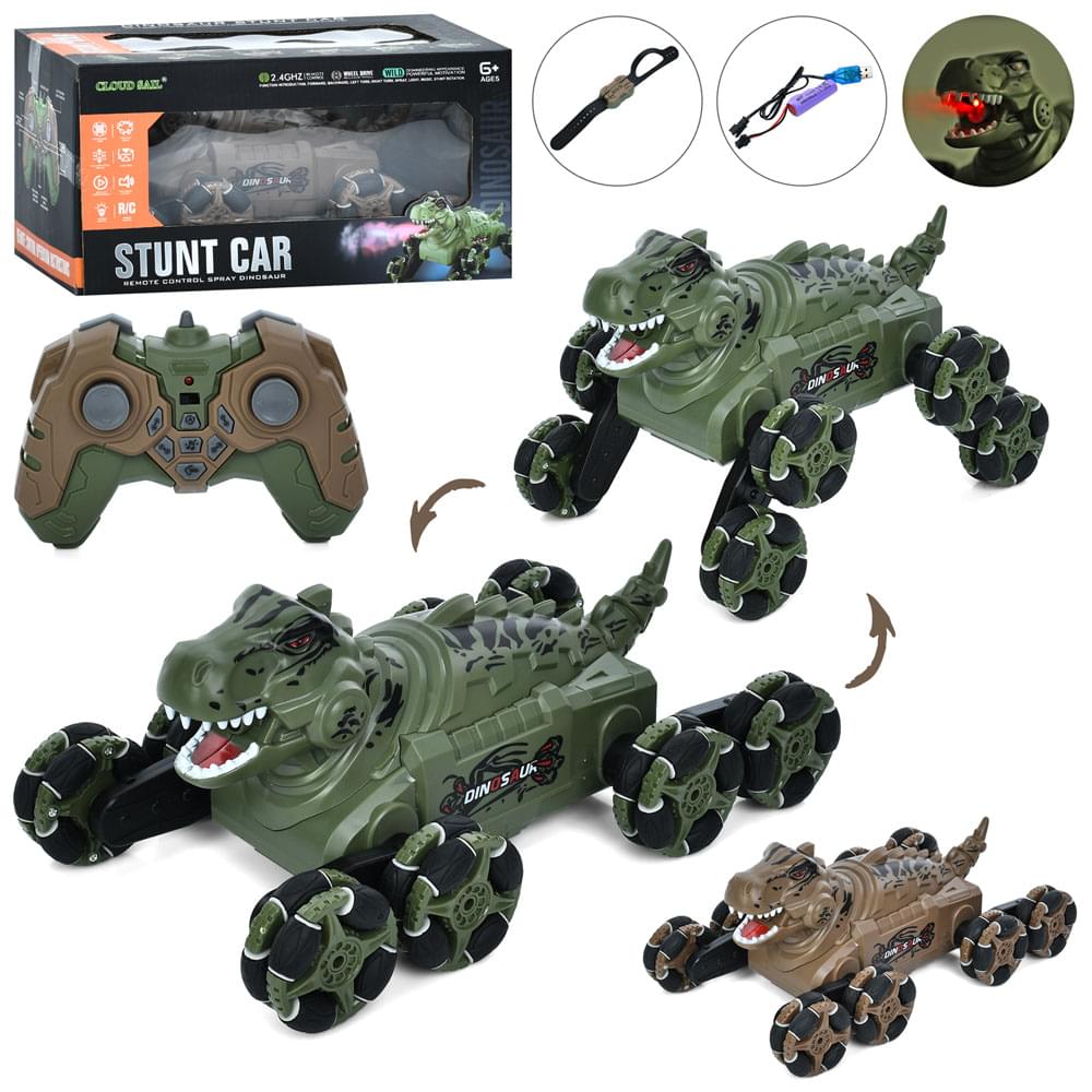 Динозавр р/к, 2 пульти (1шт браслет на руку), акум, динозавр, 26,5см, світло, музика, звук, колеса-ролики, пара/дим, USBзарядне, 2 кольори, в кор-ці, 29-15,5-18,5см /12/