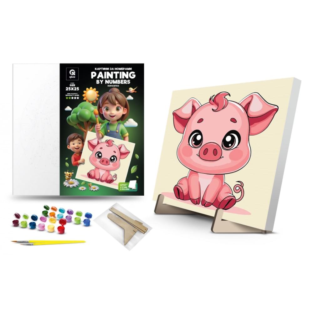 Картина за номерами для дітей Qbee "Поросятко" з дерев'яною підставкою 25х25 см QB900-014
