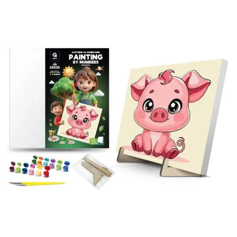 Картина за номерами Qbee Поросятко з дерев’яною підставкою 25×25 см QB900-014