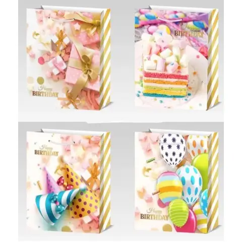 Подарунковий пакет картонний, 200 г/м², Яскравий, 31x42x12 см, 4 шт. в упаковці (В асортименті)