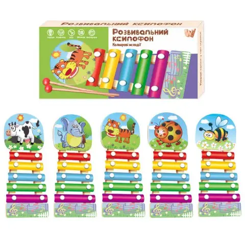 Ксилофон WToys, 18904, дерев’яна основа, 5 металевих пластин, молоточки (В асортименті)