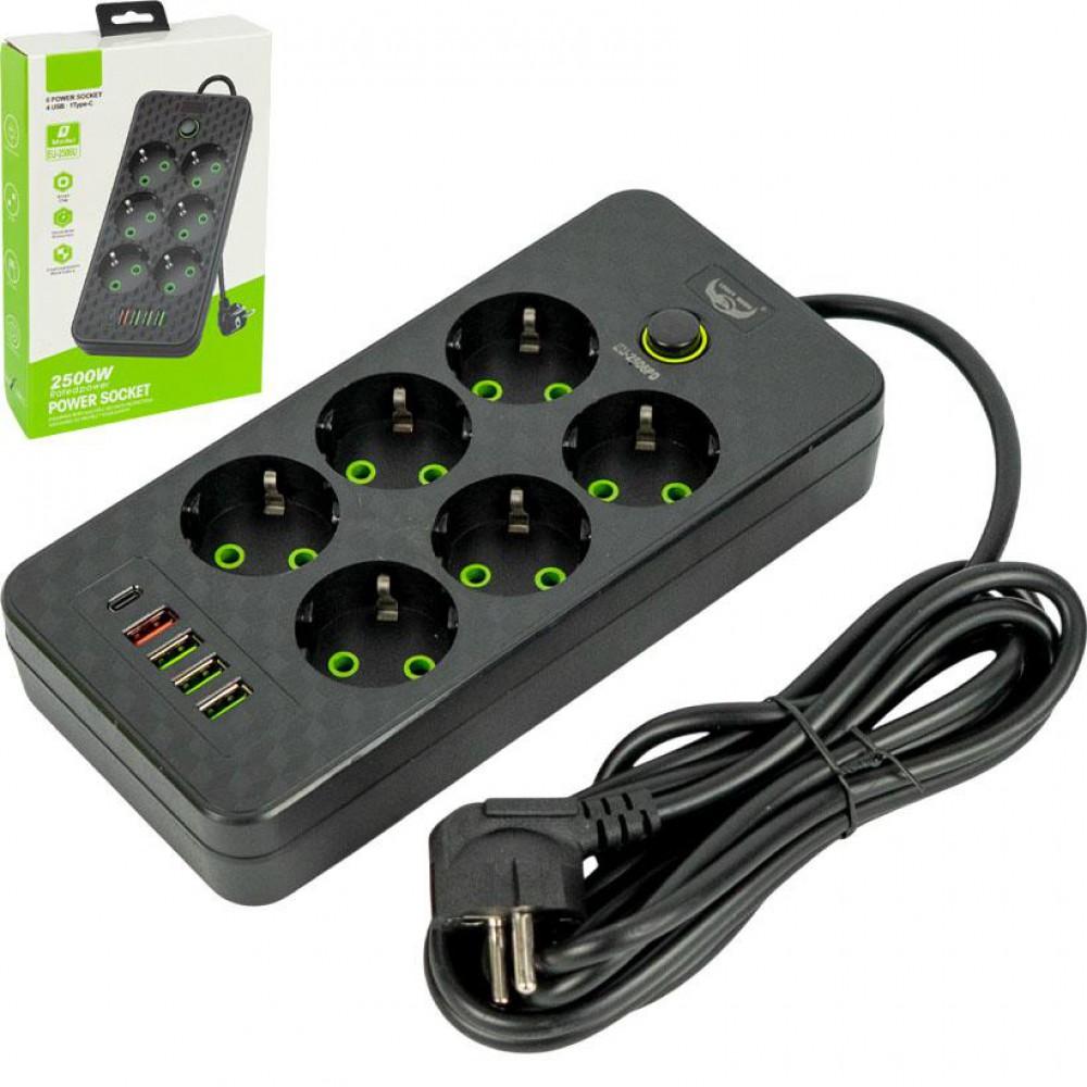 Мережевий фільтр-подовжувач 2500W, кабель 3м, 6 розеток, 4 USB, 1 Type-C 484