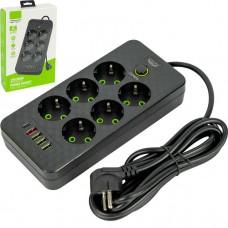 Мережевий фільтр-подовжувач 2500W, кабель 3м, 6 розеток, 4 USB, 1 Type-C 484