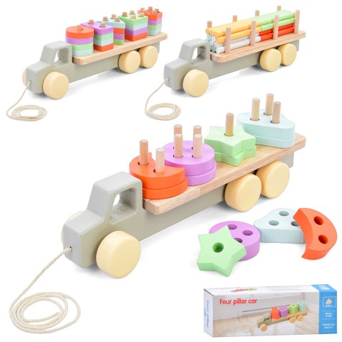 Дерев’яна іграшка Геометрика трейлер, 29.5 см, каталка на шнурі, MD0837 (В асортименті)