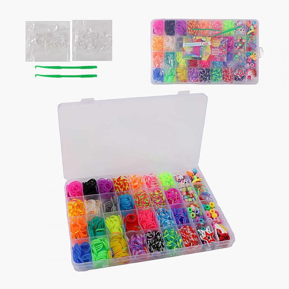 Набір резиночок для плетіння, 28 кольорів, пластикова фурнітура, гачок, намистинки, букви, підвіски, бокс-органайзер C74660