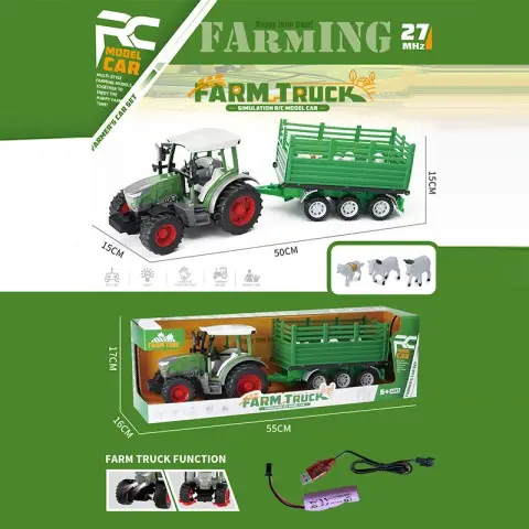 Трактор із причепом на радіокеруванні, акумулятор, 3 тварини, USB-зарядка, 55x17x16 см, 1188F-7