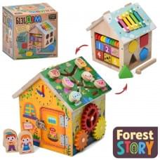 Дерев'яна іграшка Бізикуб Бізідім, будиночок, 19-20-18см, ксилофон-5 тонів, шестерні, сортер, фігури (4 фігури), лабіринт, годинник, двері із замком, рухливі деталі, в кор-ці, 18,5-21-19,5см /12/