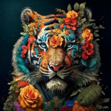 Картина за номерами  яскравий тигр у квітах strateg на чорному фоні розміром 40х40 см (av4040-8)