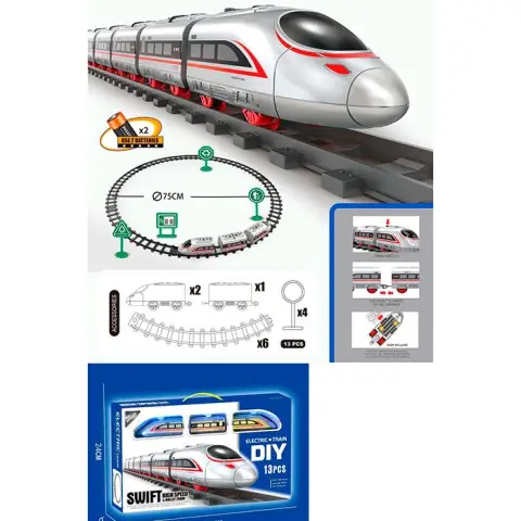 Залізниця, діаметр 75 см, локомотив 12 см, 2 вагони, дорожні знаки, 13 деталей, на батарейках, 41x24x6 см