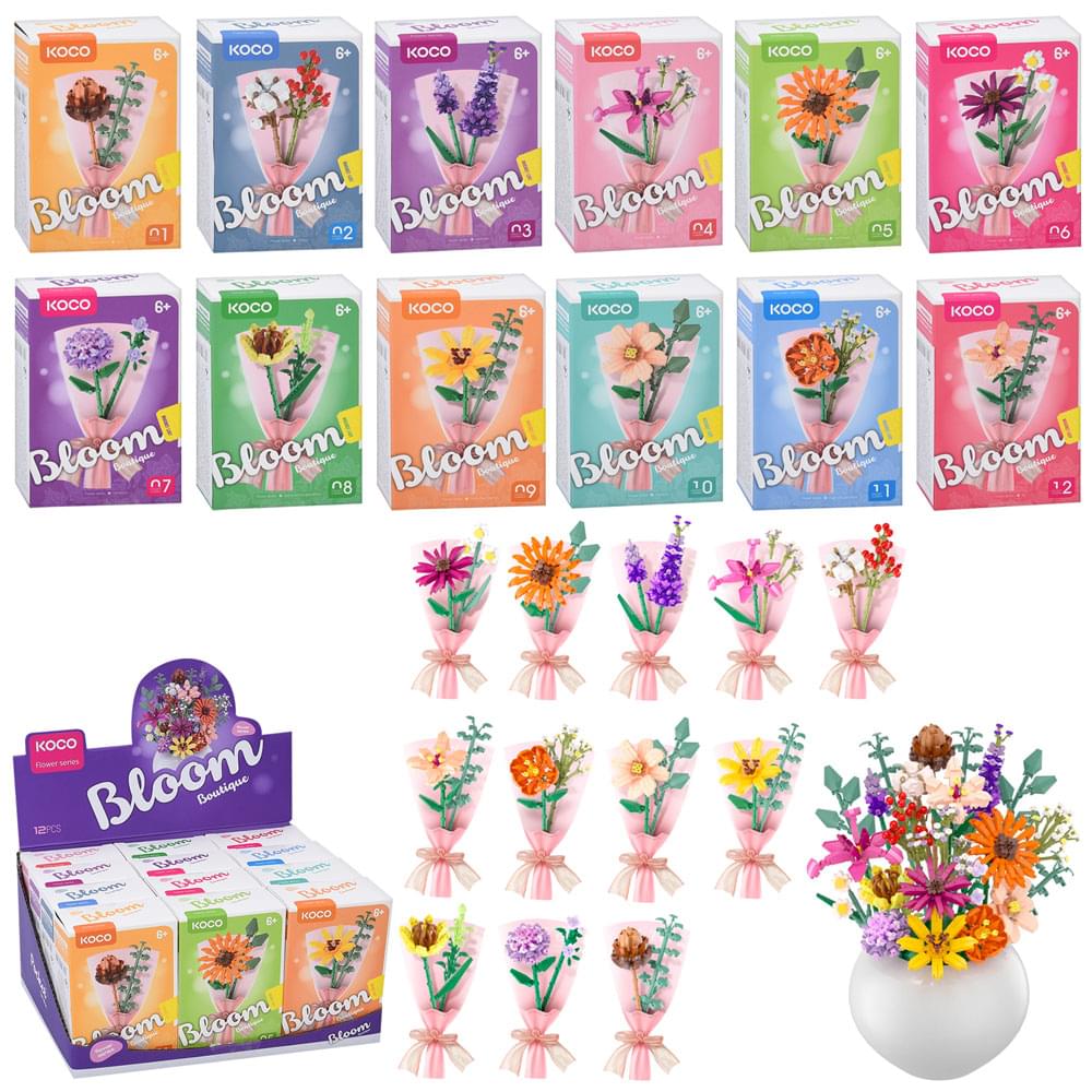 Конструктор квіти, букет, від 128дет, в кор-ці, (12видів) /12/144/12шт в кор. 25-13-17см