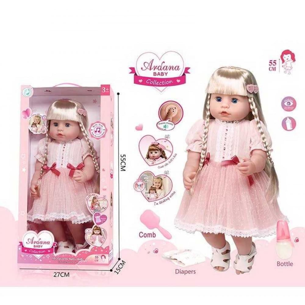 Лялька гумова, висота 52 см, заплющує очі, функціональна, прошите волосся, рухомі кінцівки, пляшечка