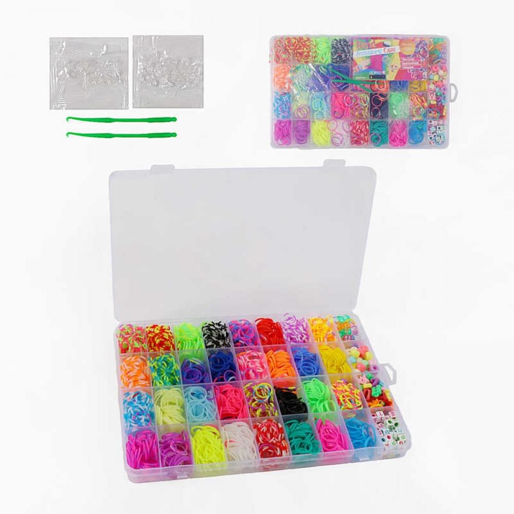Набір резиночок для плетіння, 32 кольори, пластикова фурнітура, гачок, намистинки, букви, підвіски, бокс-органайзер C74661