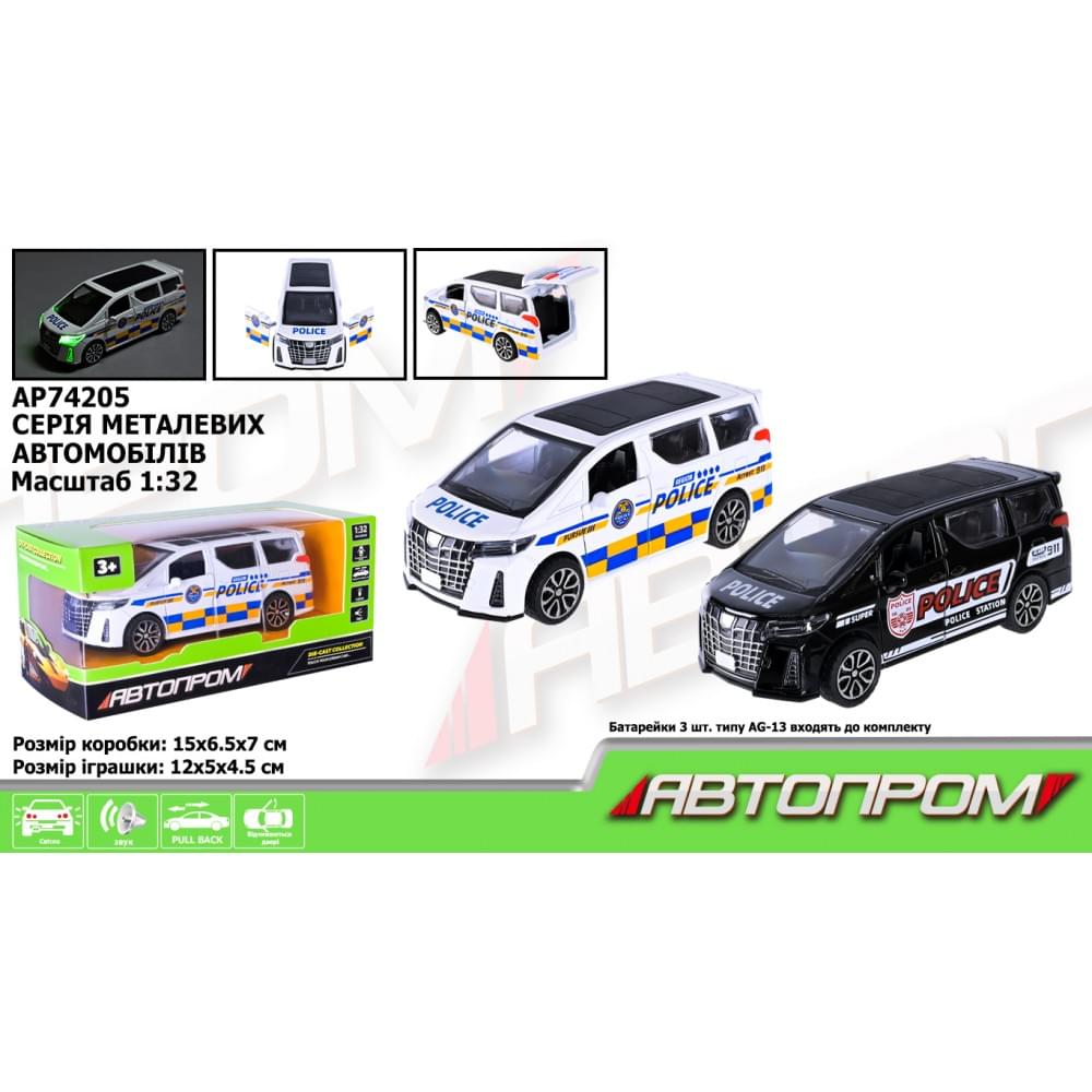 Машина мет. АВТОПРОМ 1:32,2 кольори, відкр.двері, батар.,світ., звук,кор.15*6,5*7см /48/