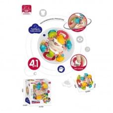 Брязкальце 4 в 1: тріскачка, пальчикові ігри, прорізувачі, брязкання, обертання частин кулі, в кор. /60/