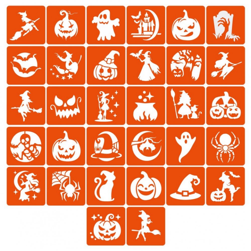 Набір трафаретів для біо-тату "Хелловін №3" hallowween-3-32, 32 трафарети 6х6 см