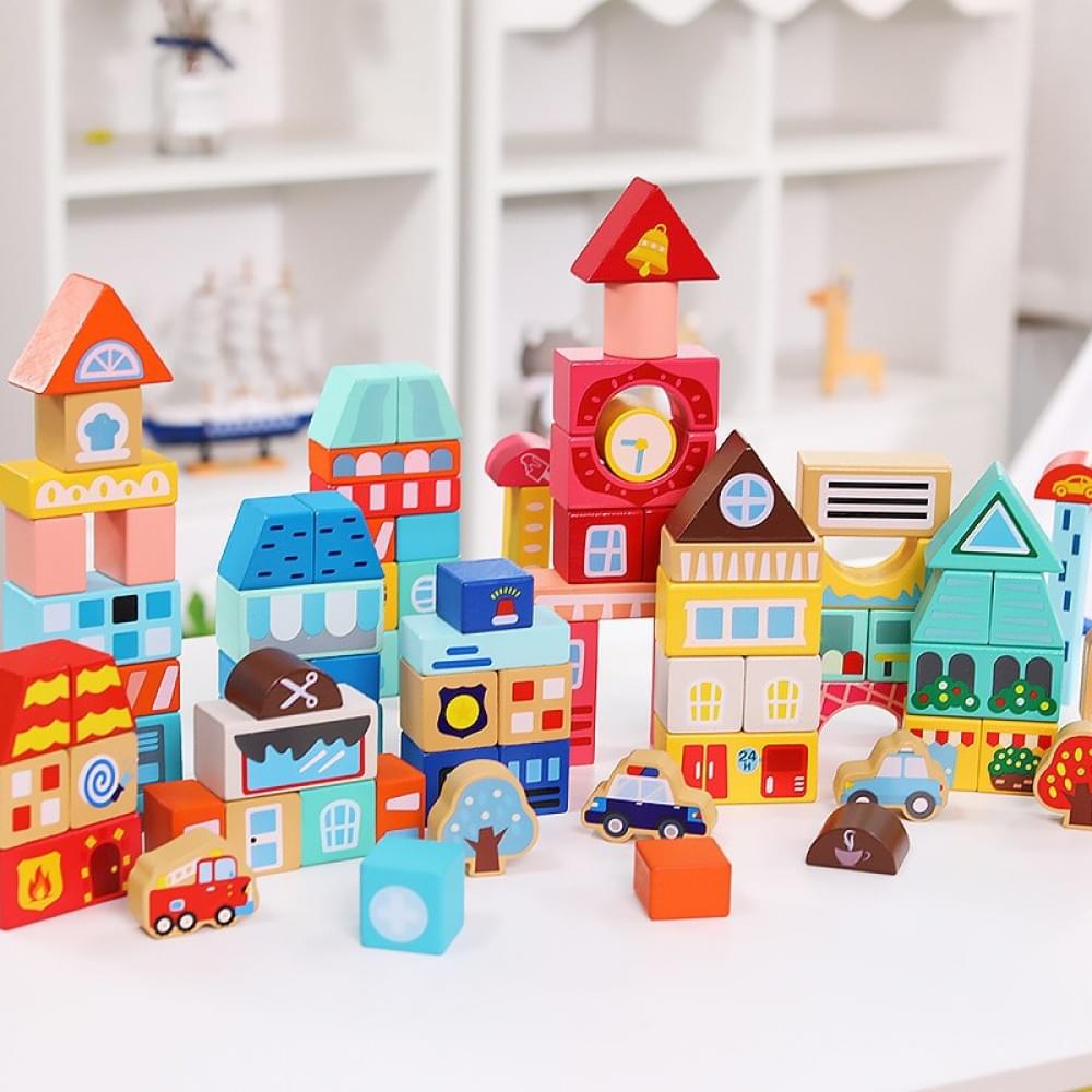 Дерев'яний конструктор "Місто" C 75545, 12 пазлів, 88 деталей