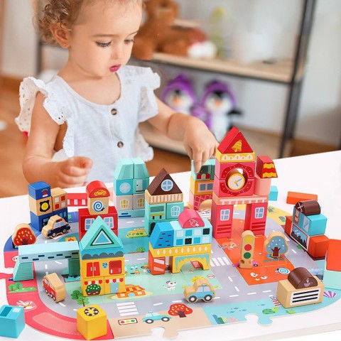 Дерев'яний конструктор "Місто" C 75545, 12 пазлів, 88 деталей