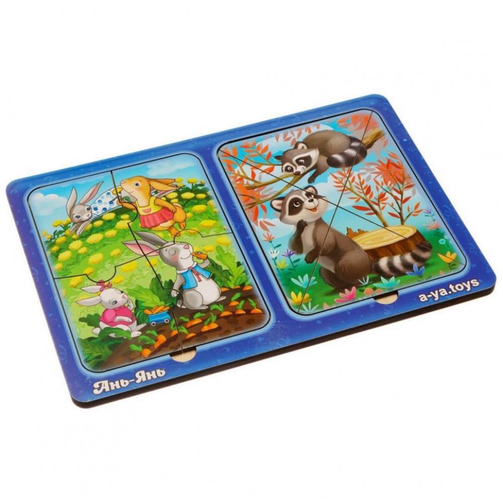 Дерев'яний пазл-вкладиш "Зайчики та єнотики" Ubumblebees (ПСД182) PSD182 в рамці