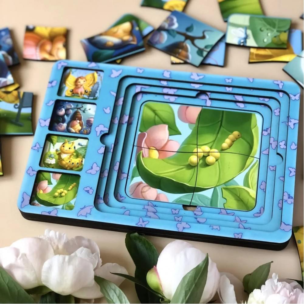 Дерев'яна настільна гра "Етапи розвитку метелика" Ubumblebees (ПСФ017) PSF017 сортер-пазл