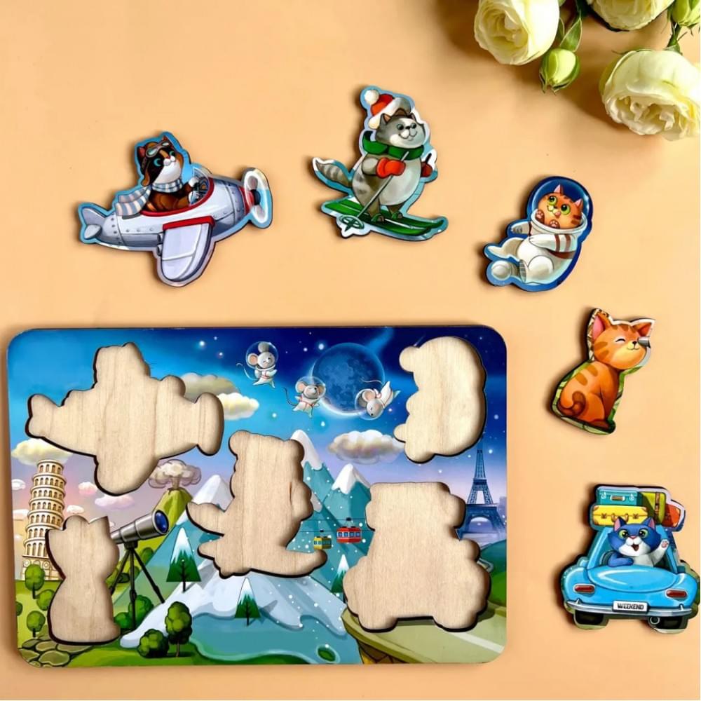 Дерев'яний пазл-вкладиш "Котики - 2" Ubumblebees (ПСД143) PSD143 з космонавтом
