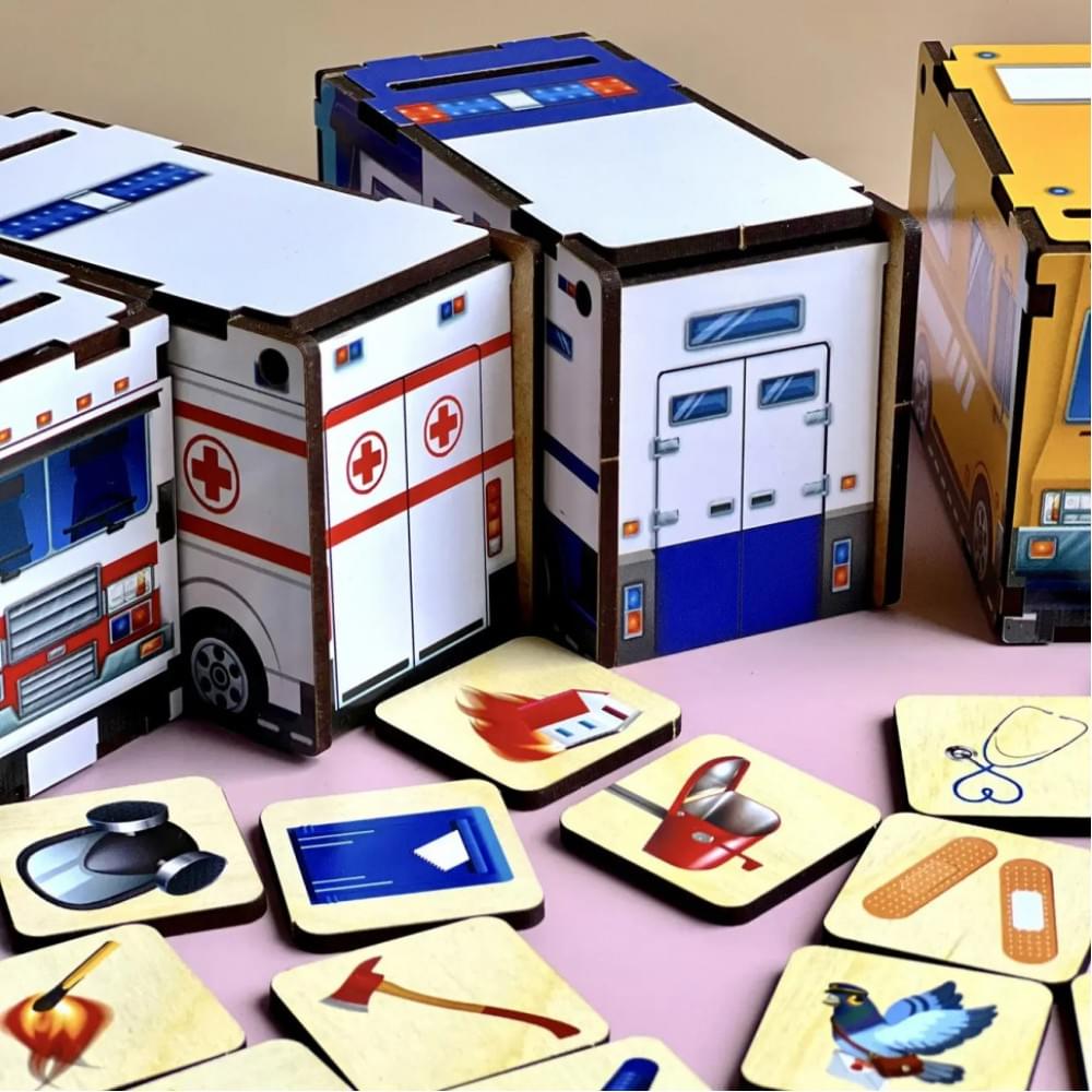 Дерев'яна настільна гра "Службовий транспорт" Ubumblebees (ПСФ027) PSF027 сортер-комодик