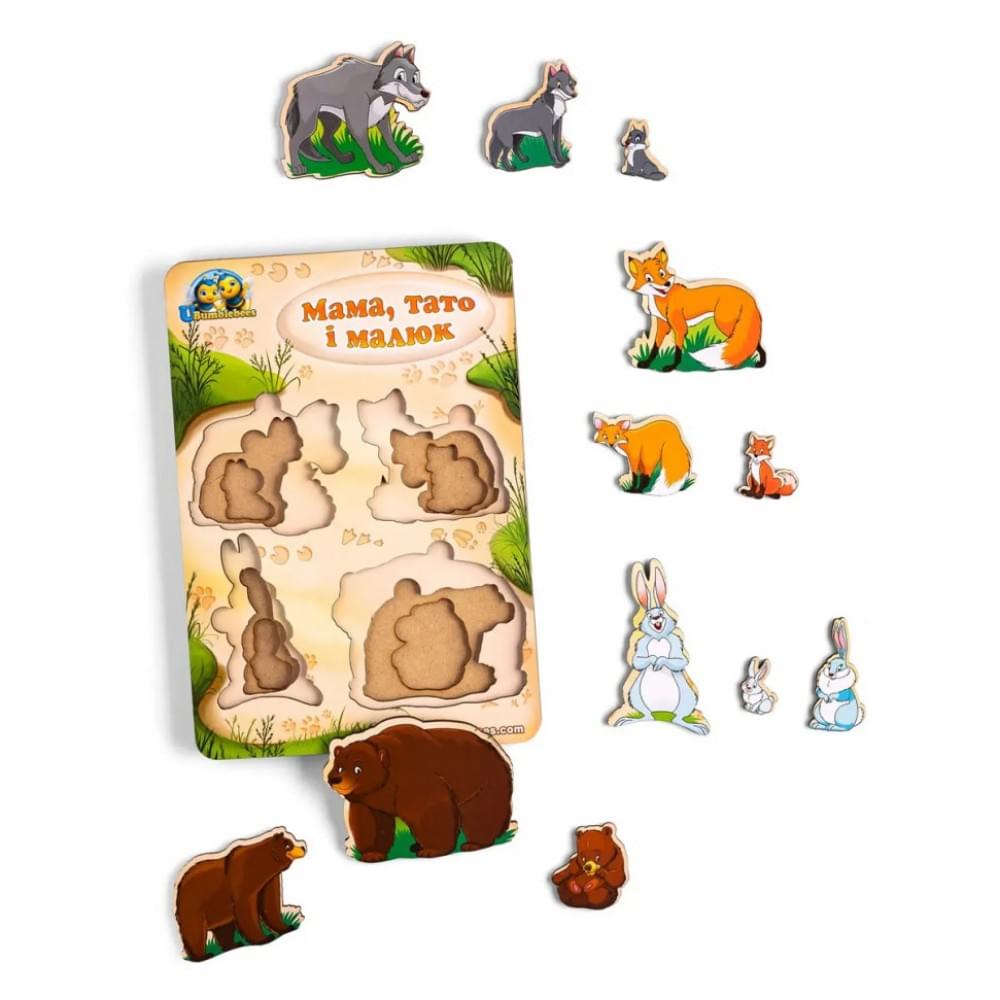 Дерев'яний пазл-вкладиш "Сім'я-дикі тварини" Ubumblebees (ПСД078) PSD078 більше-менше