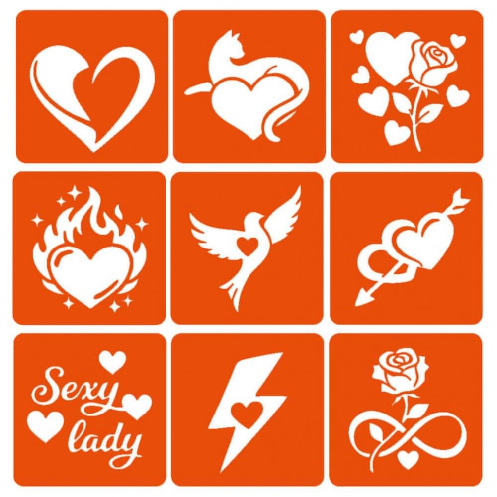 Набір для біо-тату "Love Story #2 - гліттер" set-love-story-2-glitter 9 трафаретів