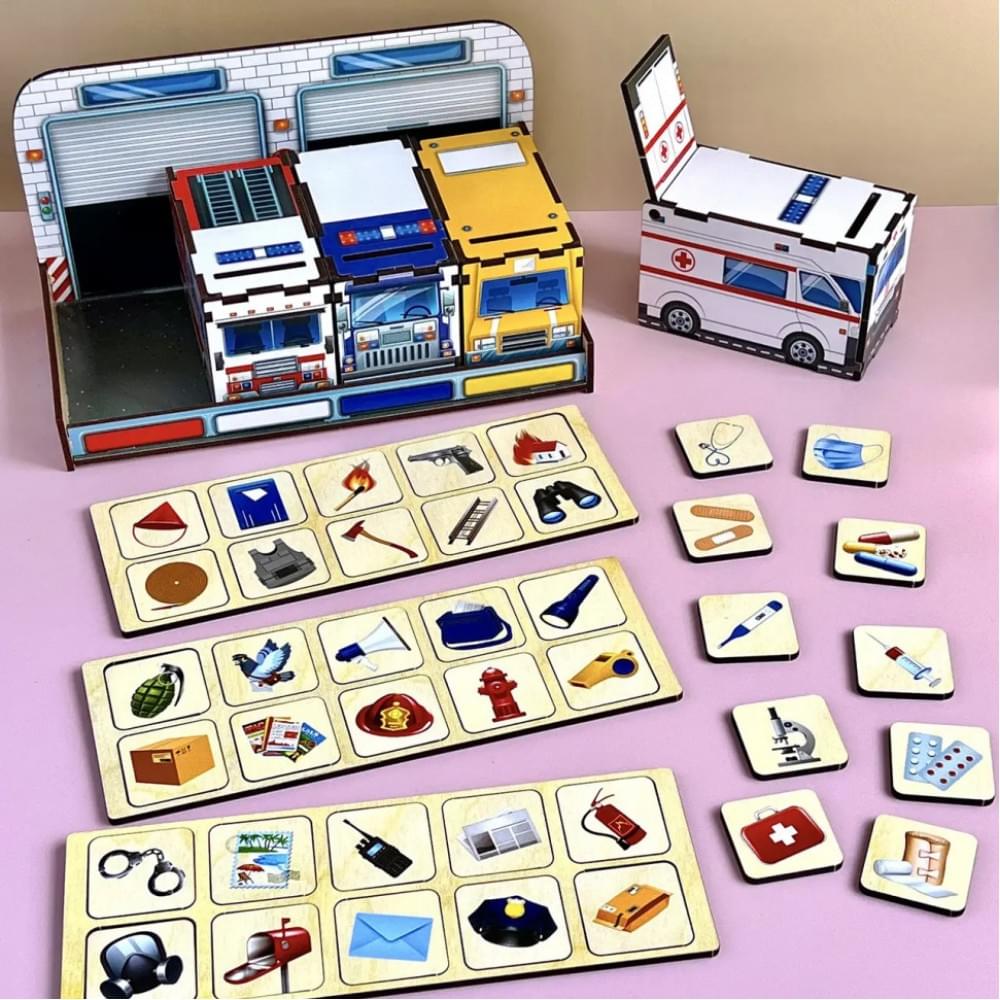 Дерев'яна настільна гра "Службовий транспорт" Ubumblebees (ПСФ027) PSF027 сортер-комодик