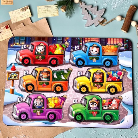 Дерев'яна гра з картками "Тварини на машинках" Ubumblebees (ПСФ132) PSF132, 42 деталі і 12 карток