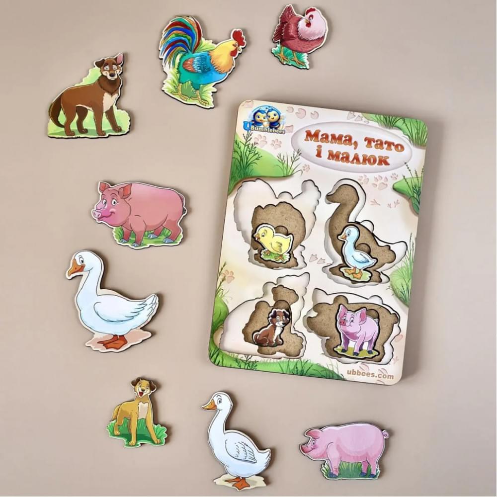 Дерев'яний пазл-вкладиш "Сім'я-свійські тварини-2" Ubumblebees (ПСФ003) PSF003 більше-менше