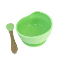 Силіконова тарілка на присосці з дерев'яною ложкою MGZ-0103(Green) 300 мл