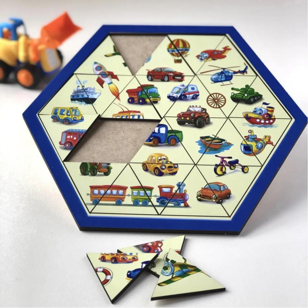Дерев'яний пазл-головоломка "Транспорт" Ubumblebees (ПСФ024) PSF024 шестикутник