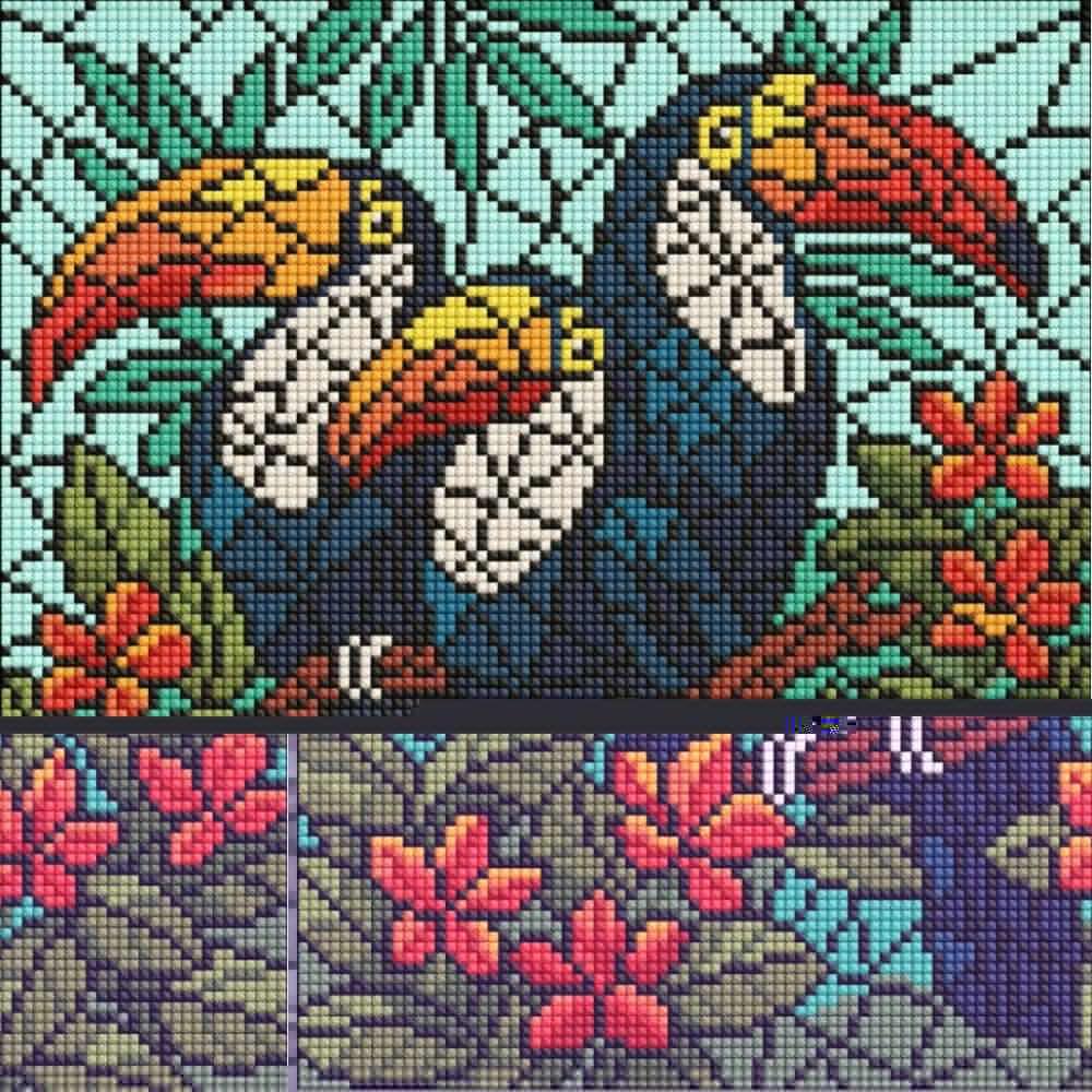 Алмазна мозаїка "Вітраж. Тріо туканів" ©art_selena_ua AMO8345, 30х30 см