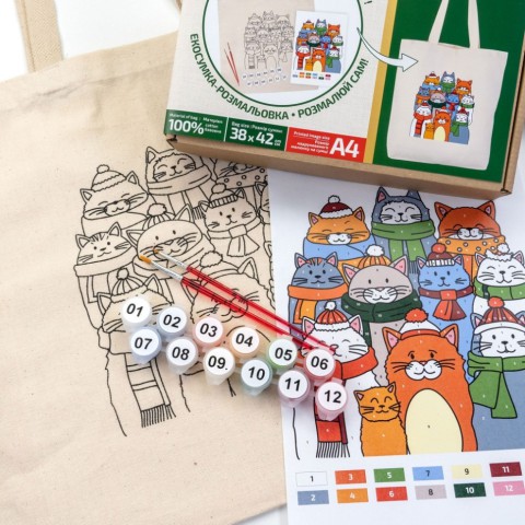 Набір для розфарбовування еко-сумки "Коти в шапках" N0003646