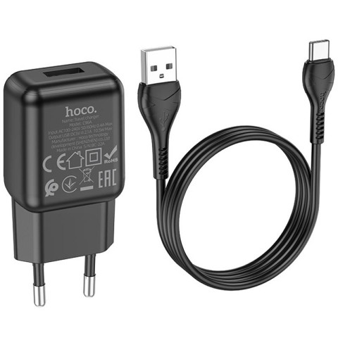 МЗП Hoco C96A (1USB/2.1A) + кабель USB to Type-C Black