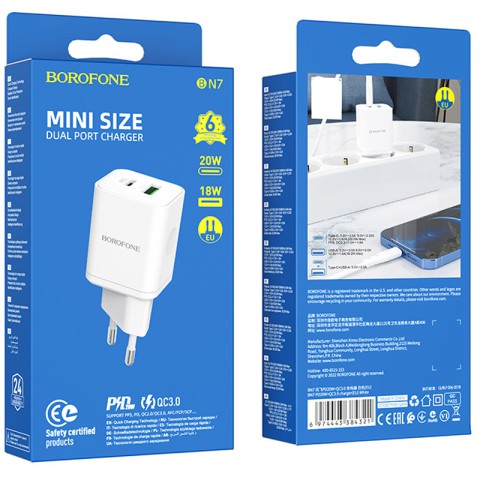 МЗП Borofone BN7 PD20W+QC3.0 (1USB-A/1C) White