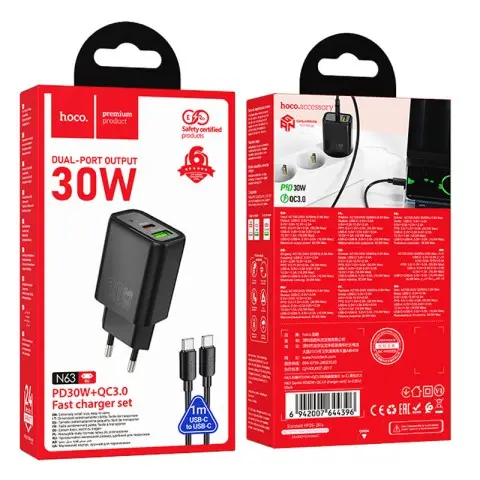 МЗП Hoco N63 Gentle PD30W+QC3.0 (1USB-A/1C) + кабель Type-C to Type-C Black