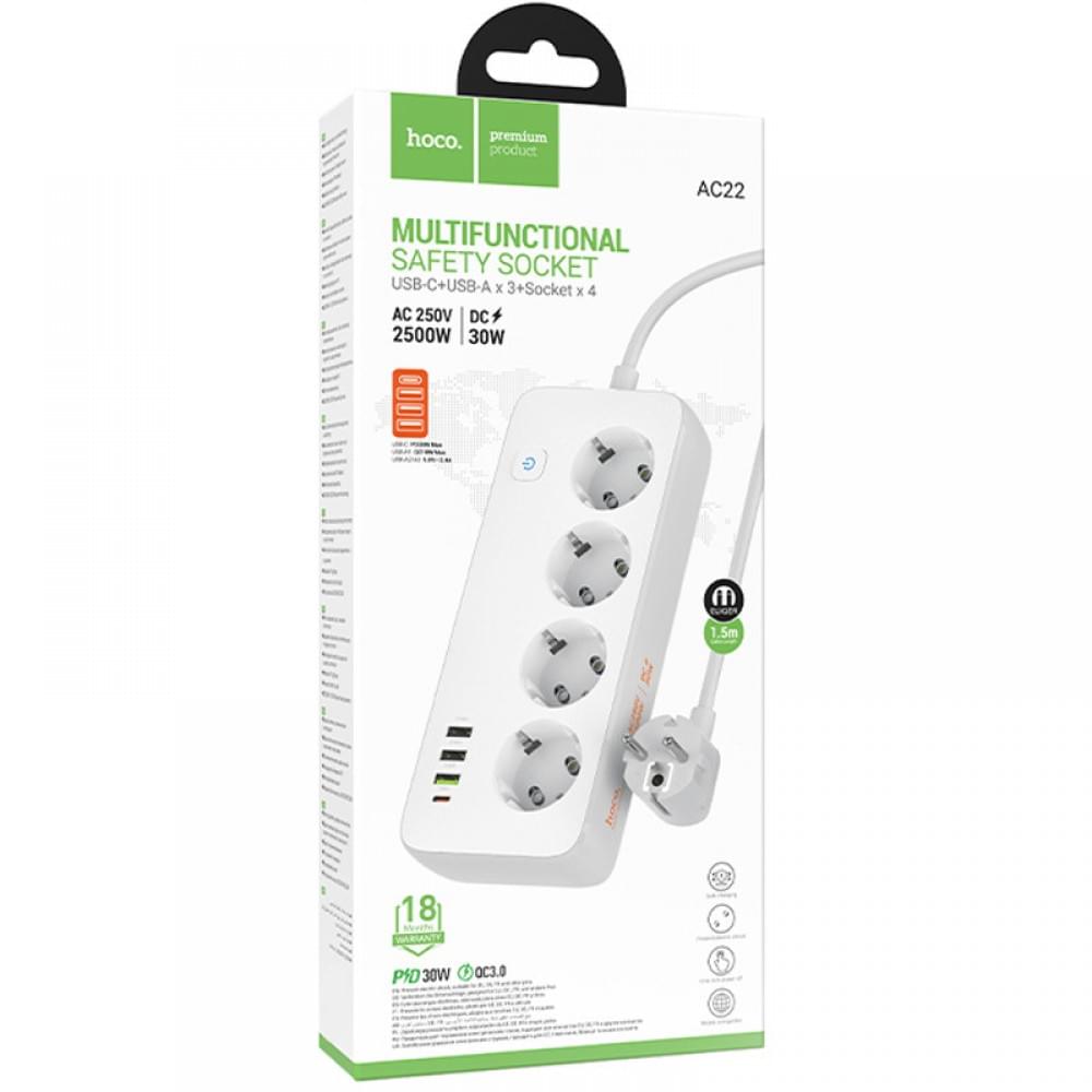 Удлинитель Hoco AC22 Sunlight (PD30W/1C/3A/4xSocket) (1.5m)
