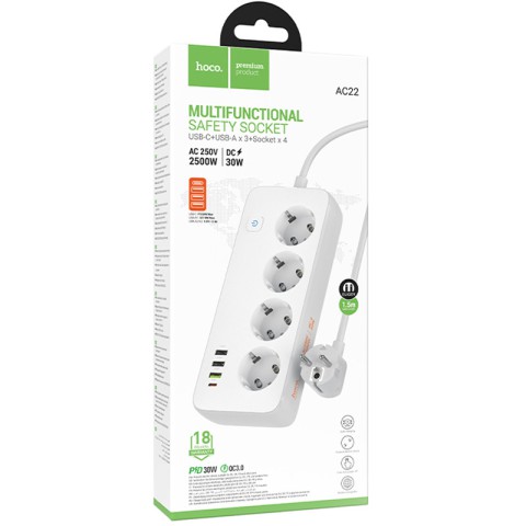Подовжувач Hoco AC22 Sunlight (PD30W/1C/3A/4xSocket) (1.5m) White