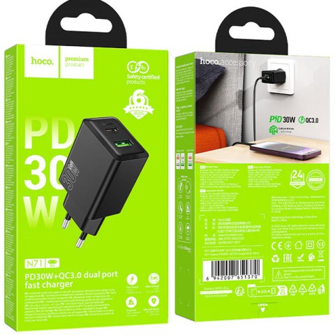 МЗП Hoco N71 Nuevo PD30W+QC3.0 (1USB-A/1C) Black